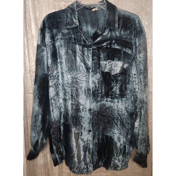 Tops - Turquoise Crushed Velvet Button Up Shirt XL Oversized Shacket Viscose Blend